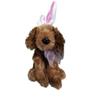 Dan Dee Brown Plush Dog With Bunny Ears & Pink Bow 8" Easter Spring Gift